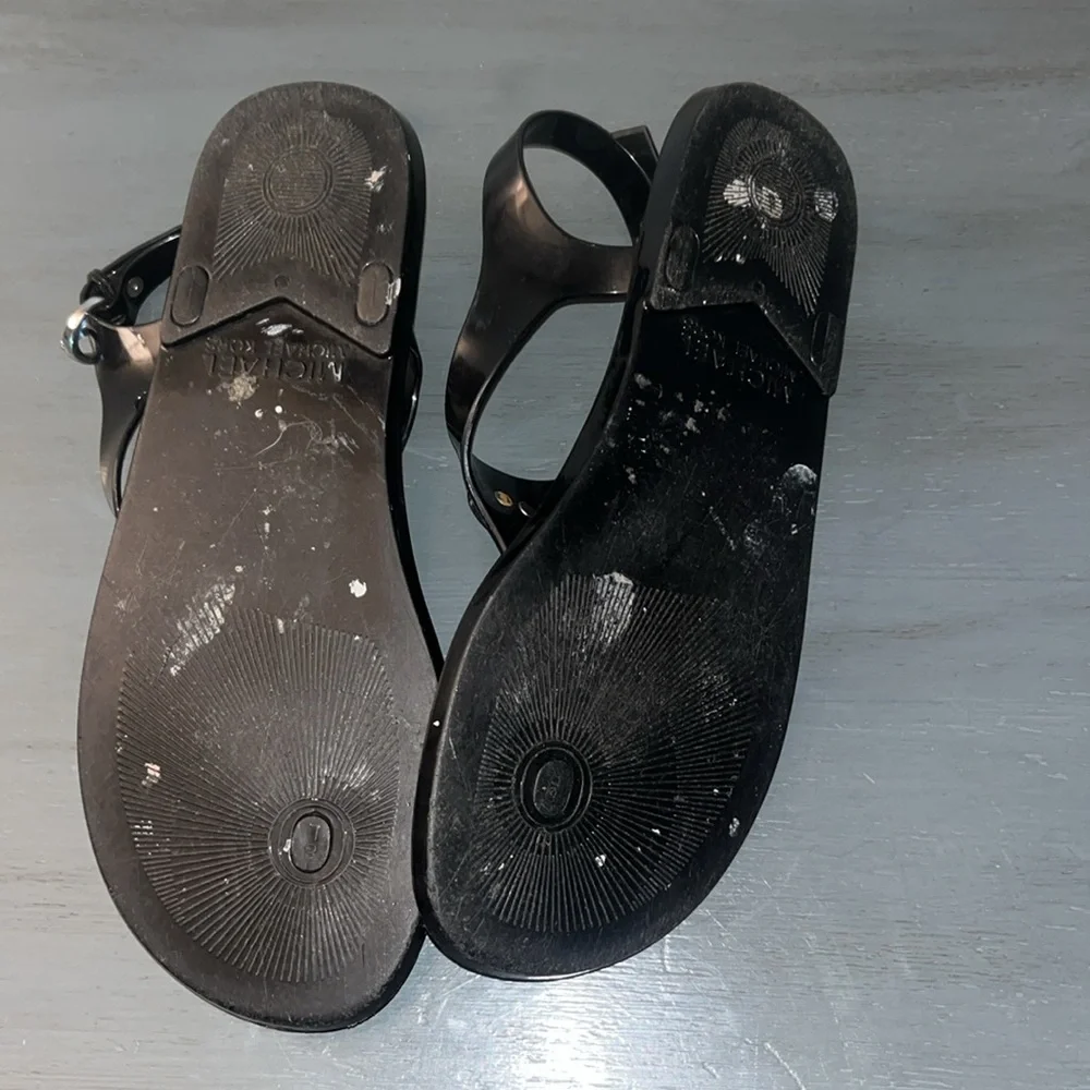 Michael Kors Black Lillie PVC Jelly Thong Sandals Womens Size 8 Big Silver MK